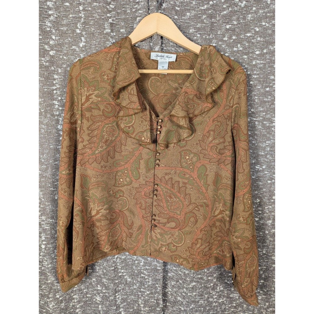 Vintage Judith Hart Petites V-Neck Ruffled Blouse Button Front Womens‎ Size 14P